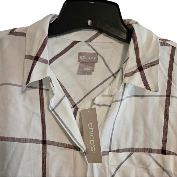 CHICO'S Womens Size 1 Medium Plaid Button Up Blouse Top Long Sleeve White - Picture 4 of 7